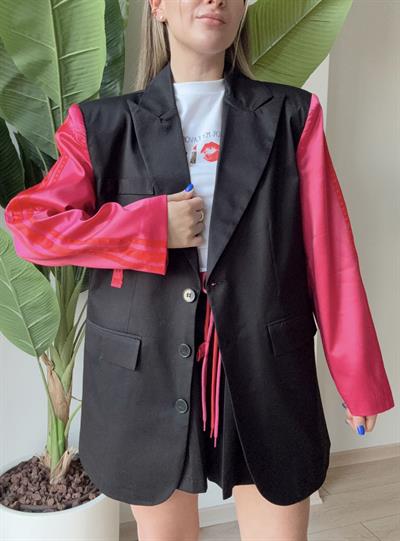 Şerit ve Baskı Detaylı Saten Matchli Oversize Ceket