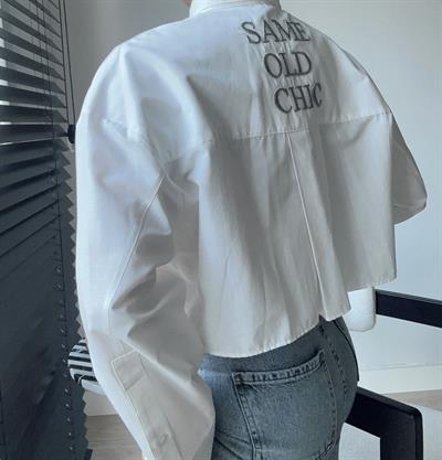 Sloganlı Crop Gömlek Ekru