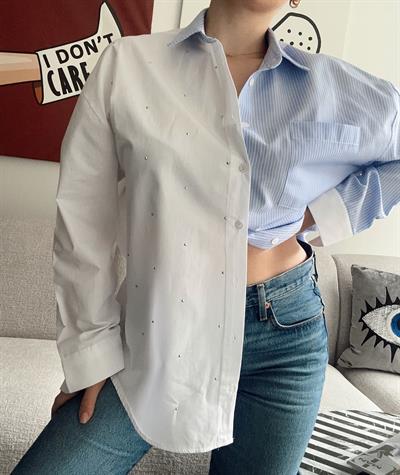 Taş Baskılı Oversize Gömlek Blue