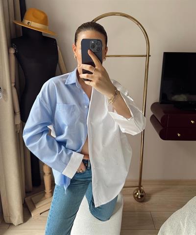 Taş Baskılı Oversize Gömlek Blue