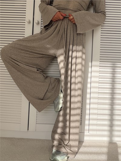 Bağlama Detaylı Uzun Kollu Üst ve Rahat Kalıp Pantolon Takım Gri
