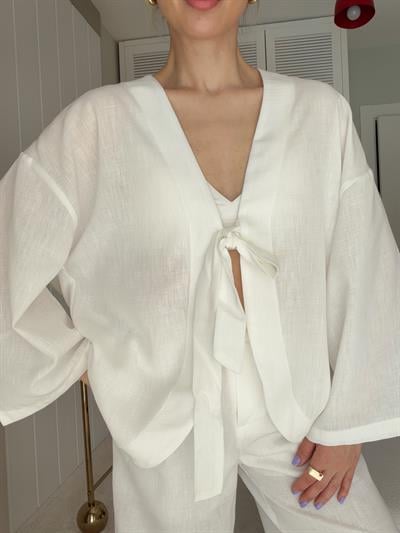 Bağlamalı Keten Kimono Beyaz