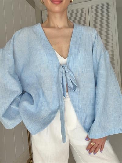 Bağlamalı Keten Kimono Mavi