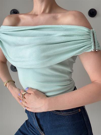 Bardot Yaka Metal Detaylı Triko Bluz Mint