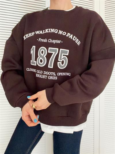 Baskı Detaylı Basic Tshirt Birleşik Sweat Kahverengi