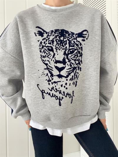 Baskı Detaylı Basic Tshirt Birleşik Sweat Gri