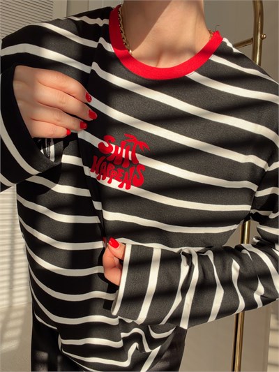 Baskı Detaylı Çizgili Body Siyah