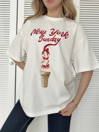 Baskı Detaylı Tshirt Oversize Ekru NEW YORK SUNDAY