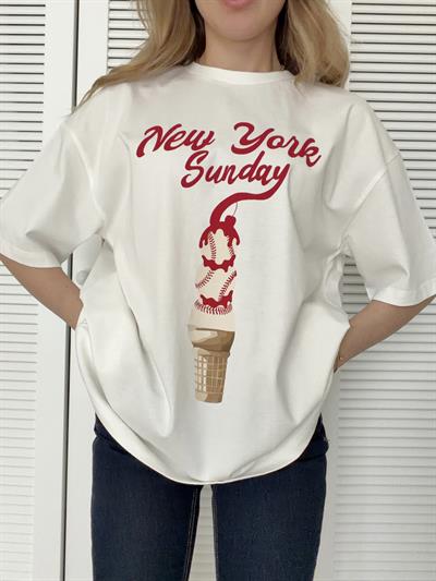 Baskı Detaylı Tshirt Oversize Ekru NEW YORK SUNDAY
