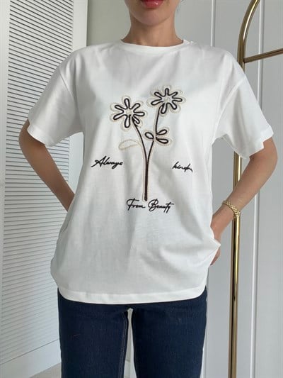 Baskı Detaylı Tshirt Nakış Çiçek Kahverengi