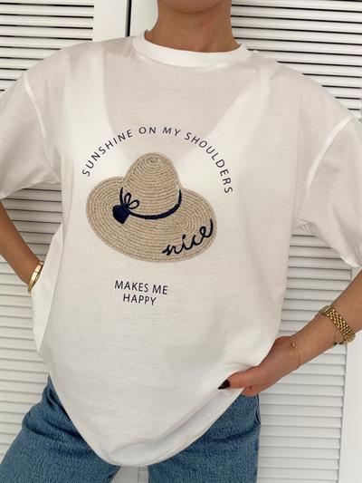 Baskı ve Şapka İşleme Detaylı Tshirt Ekru