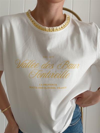 Baskı ve Yaka Örgü Detaylı Tshirt Sarı