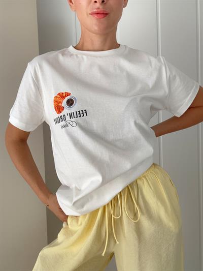 Baskılı Tshirt Oversize Ekru PARIS 