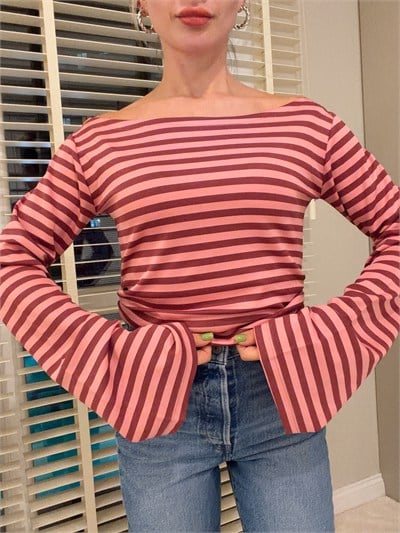 Beli Lastikli Body Çizgili Pembe