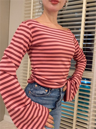 Beli Lastikli Body Çizgili Pembe
