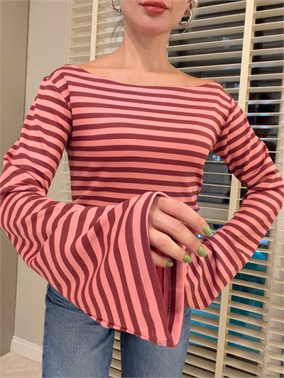 Beli Lastikli Body Çizgili Pembe