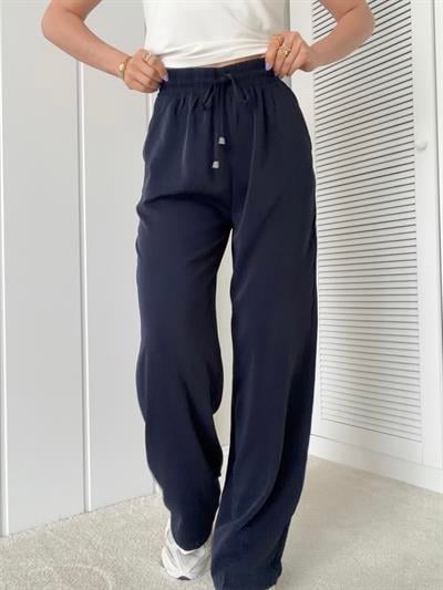 Beli Lastikli İnce Doku Pantolon Lacivert