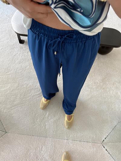 Beli Lastikli İnce Doku Pantolon Lacivert