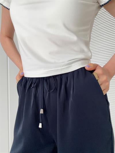 Beli Lastikli İnce Doku Pantolon Lacivert