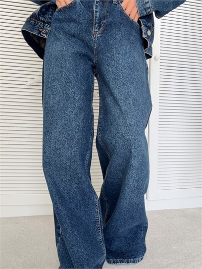 Bol Paça Yüksek Bel Denim Pantolon Koyu Mavi