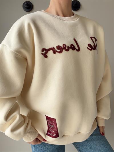 Boncuk Detaylı Oversize Sweat Krem