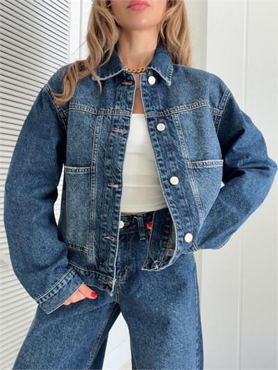 Büyük Ön Cepli Denim Ceket Koyu Mavi
