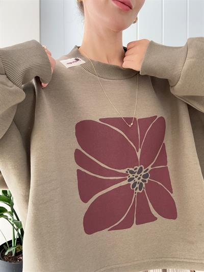 Çiçek Baskılı Oversize Sweat Haki