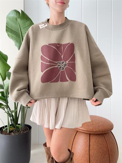 Çiçek Baskılı Oversize Sweat Haki