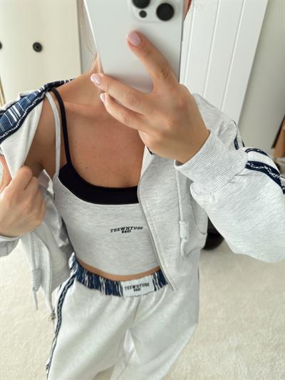 Çift Askı Görünümlü Bra Fermuarlı Sweatshirt ve Eşofman Alt 3lü Takım