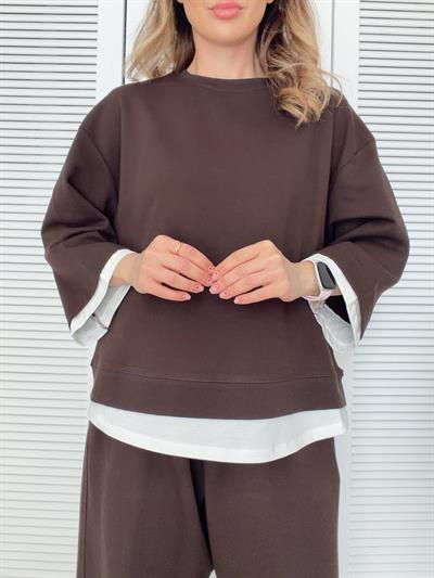 Çift Görünümlü Tshirt ve Rahat Kalıp Pantolon Takım Kahverengi