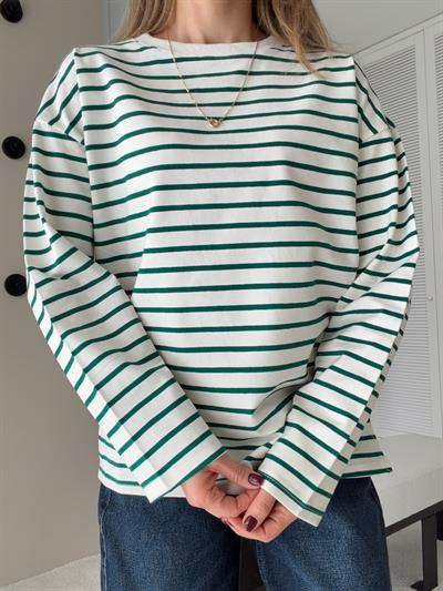 Çizgili Uzun Kollu Oversize Tshirt Yeşil