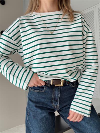 Çizgili Uzun Kollu Oversize Tshirt Yeşil