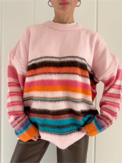 Çok Renkli Oversize Yün Kazak Pembe 