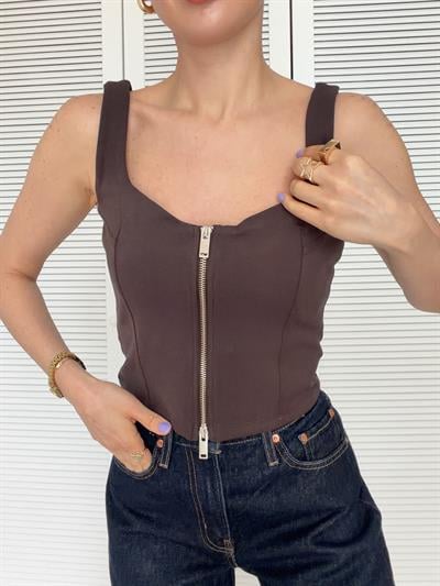 Crop Korse Atlet Fermuar Detaylı Lacivert