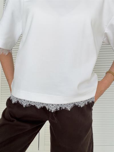 Dantel Detaylı Kısa Kollu Tshirt Beyaz