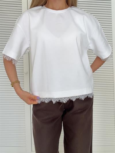 Dantel Detaylı Kısa Kollu Tshirt Beyaz