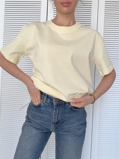 Dekoratif Dikişli Bisiklet Yaka Tshirt Sarı