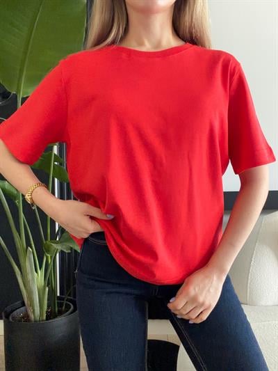 Dekoratif Dikişli Bisiklet Yaka Tshirt Kırmızı