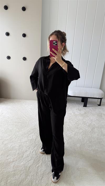 Dokulu Cepli Oversize Basic Gömlek ve Rahat Pantolon Siyah Takım