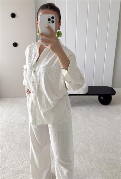 Dokulu Cepli Oversize Basic Gömlek ve Rahat Pantolon Ekru Takım