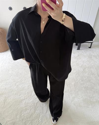 Dokulu Cepli Oversize Basic Gömlek ve Rahat Pantolon Siyah Takım