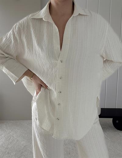 Dokulu Cepli Oversize Basic Gömlek ve Rahat Pantolon Ekru Takım
