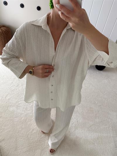 Dokulu Cepli Oversize Basic Gömlek ve Rahat Pantolon Ekru Takım
