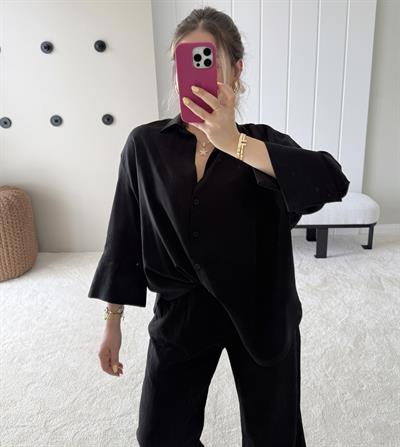 Dokulu Cepli Oversize Basic Gömlek ve Rahat Pantolon Siyah Takım