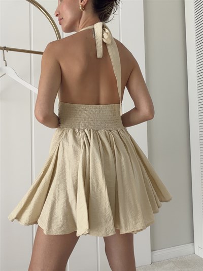 Düğmeli Bağlama Detaylı Mini Boy Elbise Sarı