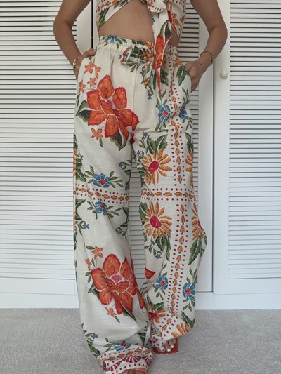 Floral Desenli Beli Lastikli Pantolon ve Bağlamalı Bluz Turuncu