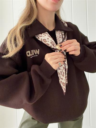 Fularlı Sweat Oversize Kalıp Kahverengi  