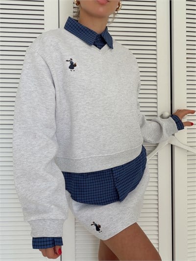 Gömlek Detaylı Birleşik Sweatshirt Gri