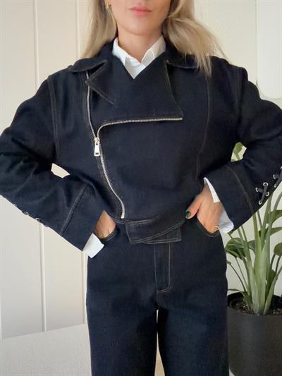 İp Detaylı Denim Ceket ve Beli Lastikli Pantolon Takım Lacivert