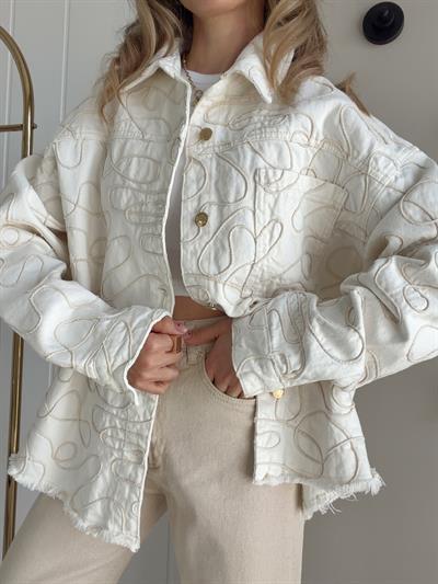 İşleme Detaylı Oversize Ceket Krem 